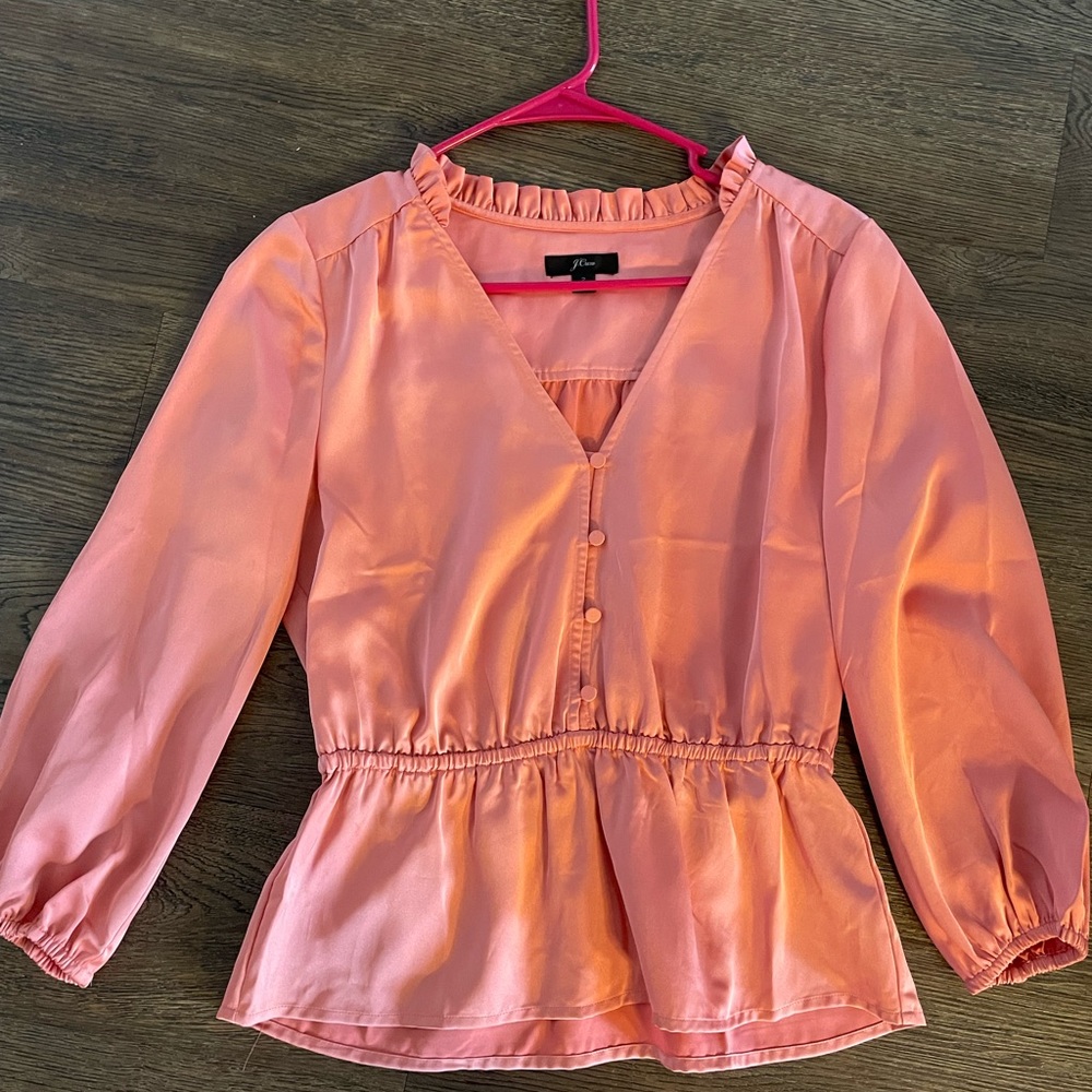 J.Crew Long Sleeved Pink Satin Blouse, Size 2